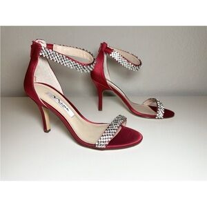 Chic Red Satin Heels with Sparkling Accents